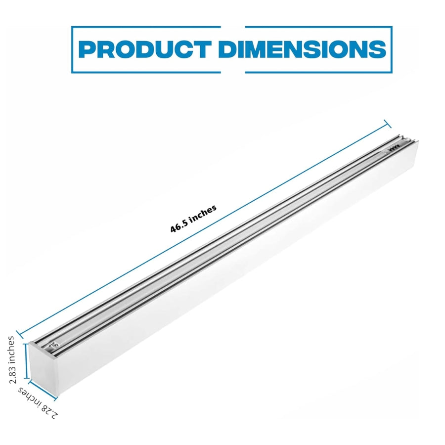 Technical drawing of 4ft LED linear light fixture displaying precise measurements including length, width, and height for installation planning.
