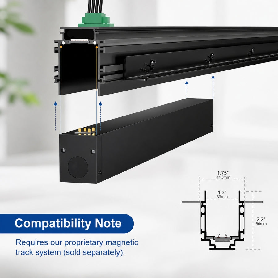 Exploded view of a 24V magnetic linear floodlight track head showing magnetic attachment, electrical contacts, and compatibility with proprietary recessed magnetic track systems.