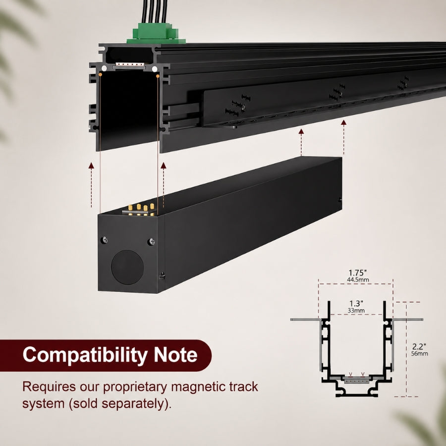 Close-up of a magnetic grille LED track light illustrating magnetic attachment, track compatibility, and installation requirements for proprietary 24V magnetic ceiling track systems.