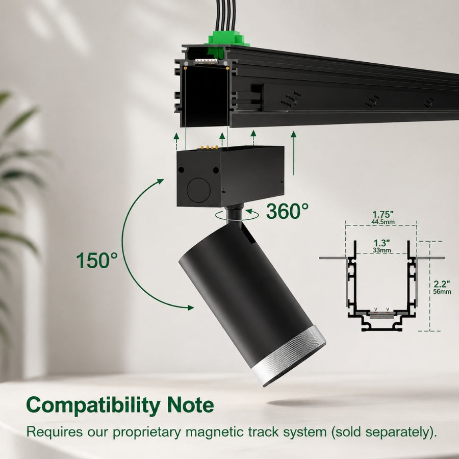 Black magnetic LED spotlight demonstrating 360° rotation, 150° tilt adjustment, and compatibility with proprietary 24V magnetic track systems for precise directional lighting.
