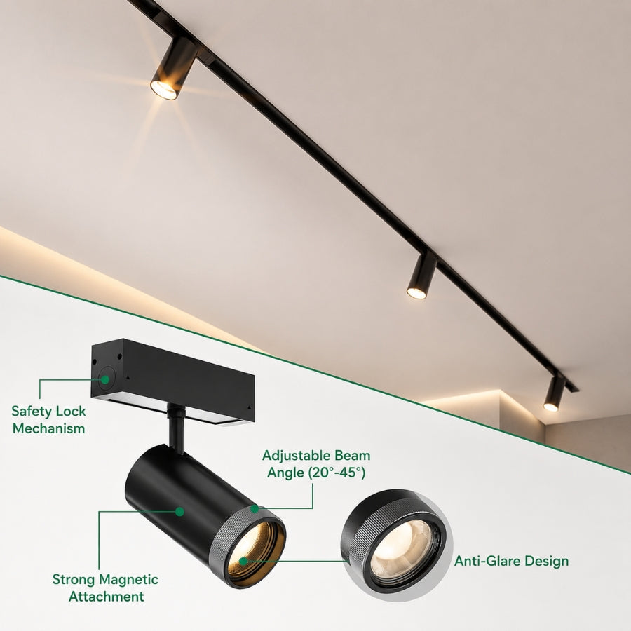 Close-up of an adjustable magnetic LED track spotlight highlighting anti-glare optics, magnetic mounting, safety lock mechanism, and variable 20°–45° beam angle for precision accent lighting.