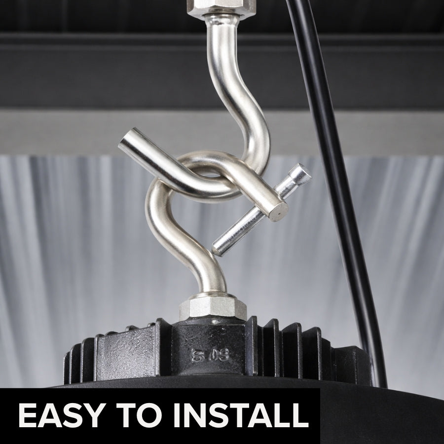 Metal fitting attached to a black ufo high bay industrial light with text 'EASY TO INSTALL' on a blurred background.