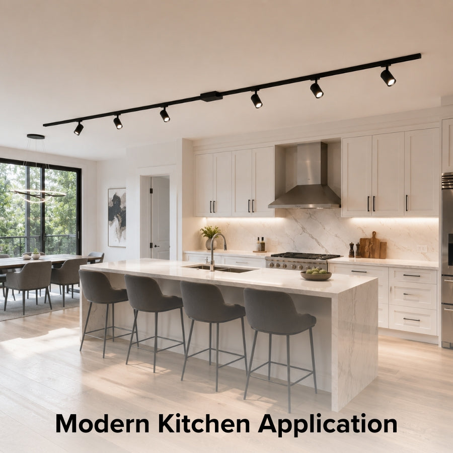 Elegant kitchen featuring black single circuit track lighting with a floating canopy power feed, creating bright, even illumination for cooking, dining, and island workspaces.