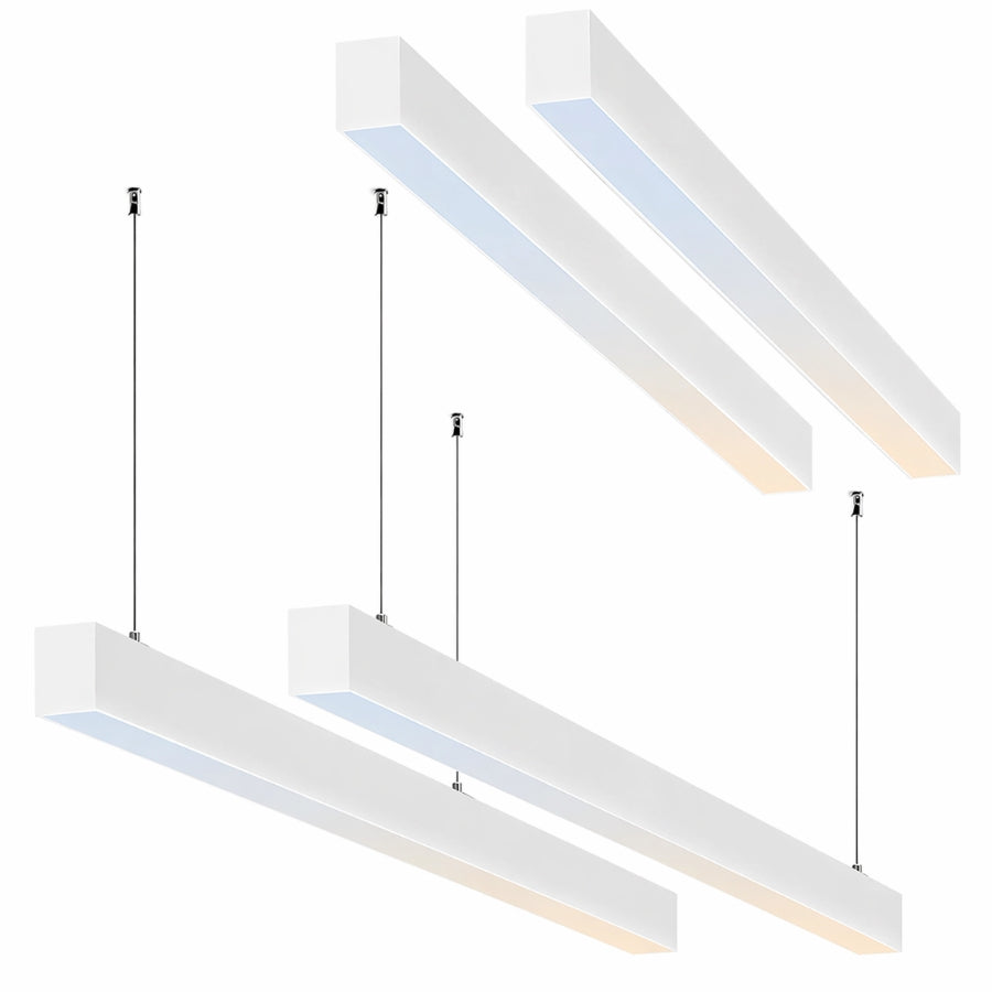 Sleek white linear LED pendant lights suspended from ceiling with minimalist design, showing both upward and downward illumination for modern interiors.