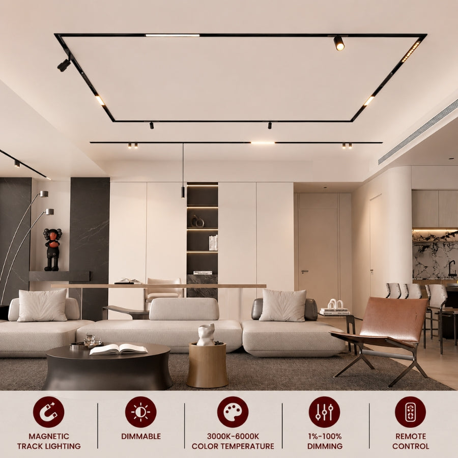 Contemporary living room illuminated with magnetic grille LED track lighting, providing energy-efficient accent lighting, adjustable brightness, and customizable color temperature for premium interiors.