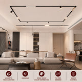 Contemporary living room illuminated with magnetic grille LED track lighting, providing energy-efficient accent lighting, adjustable brightness, and customizable color temperature for premium interiors.