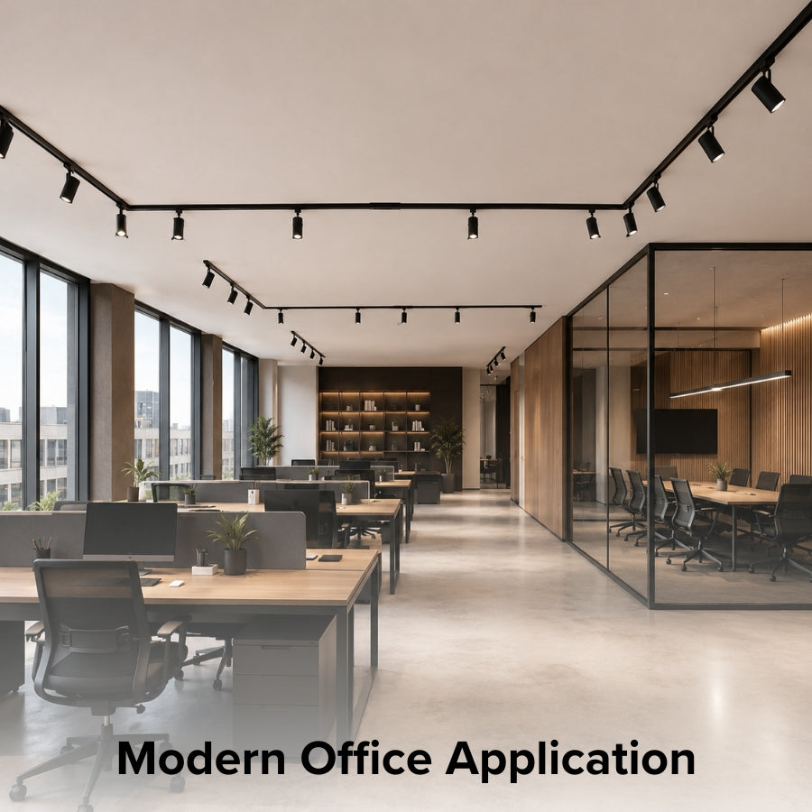 Open-plan office illuminated by a black track lighting system with an inline center power feed connector, ensuring consistent overhead lighting for collaborative workspaces and meeting rooms.