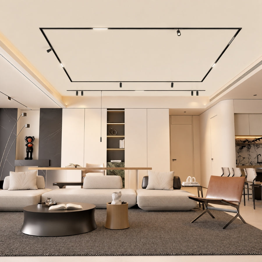 Luxury living room illuminated with recessed magnetic track lighting using linear, spotlight, and grille light modules for clean architectural ceiling lighting.