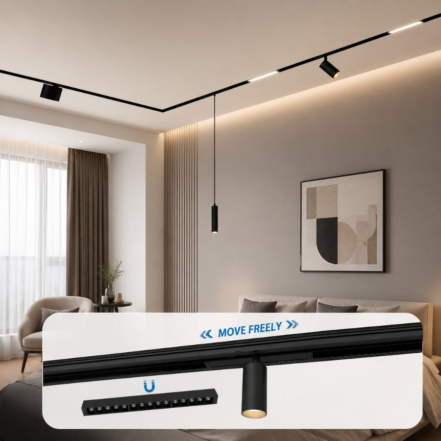 Recessed magnetic track lighting with movable spotlight and grille light modules that slide freely along the track for flexible lighting layouts and easy repositioning.