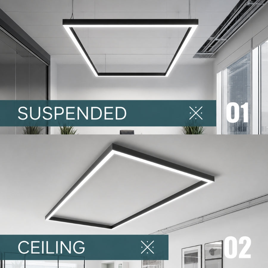 LED linear fixture installed as suspended pendant mount and surface-mounted ceiling light.