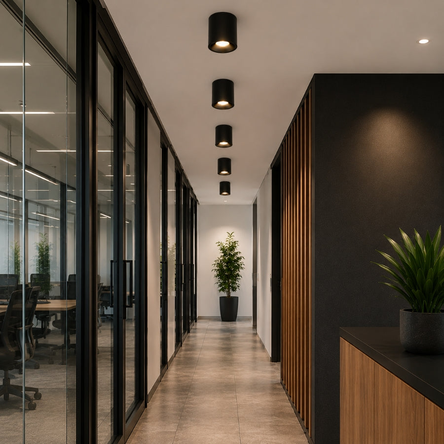 Commercial office hallway illuminated by multiple black surface mount LED ceiling lights delivering consistent architectural lighting.