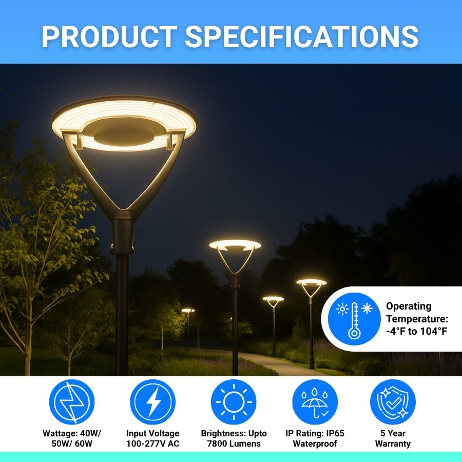 Outdoor street light with specifications displayed on a blue background
