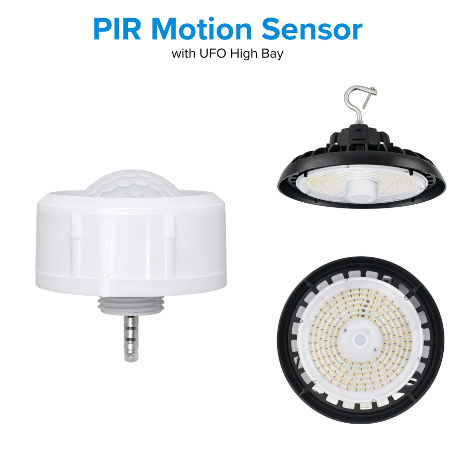 PIR Motion Sensor with UFO High Bay light on a white background