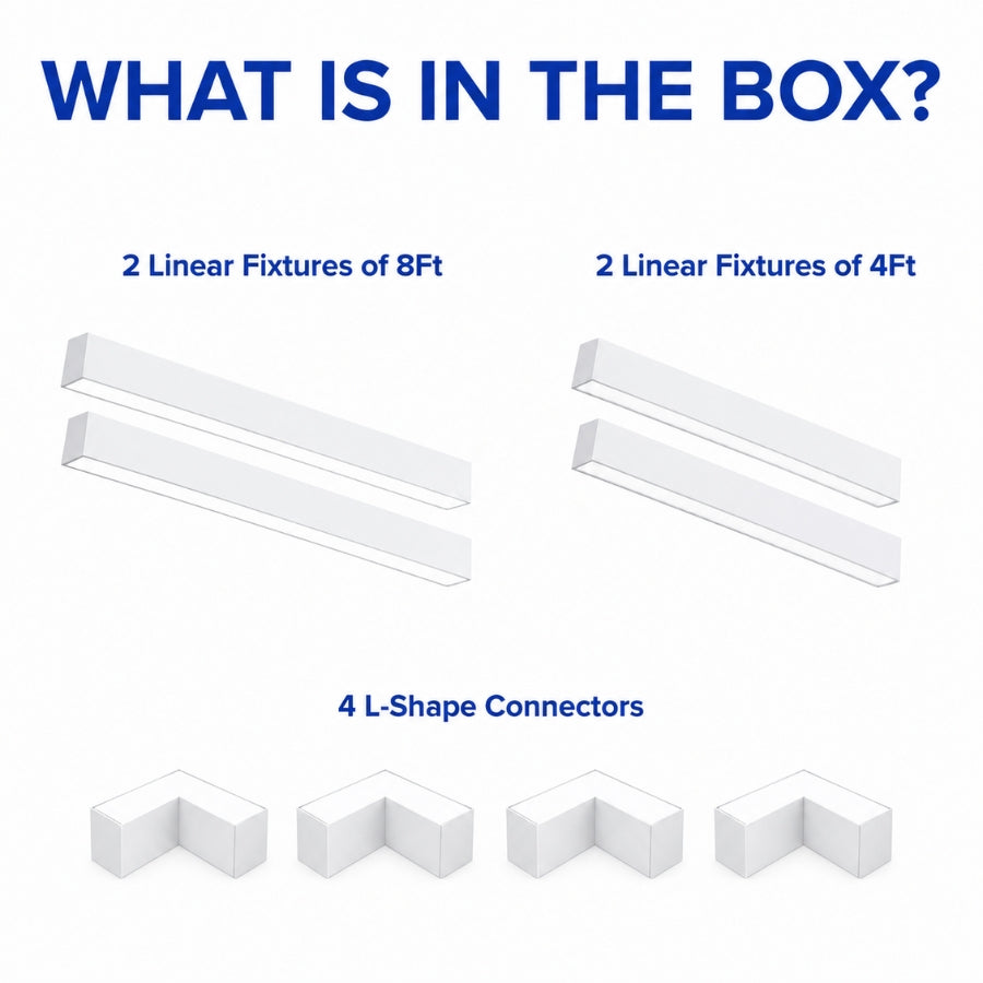 Package contents showing two 8FT fixtures, two 4FT fixtures, four L-shape connectors, and mounting hardware.