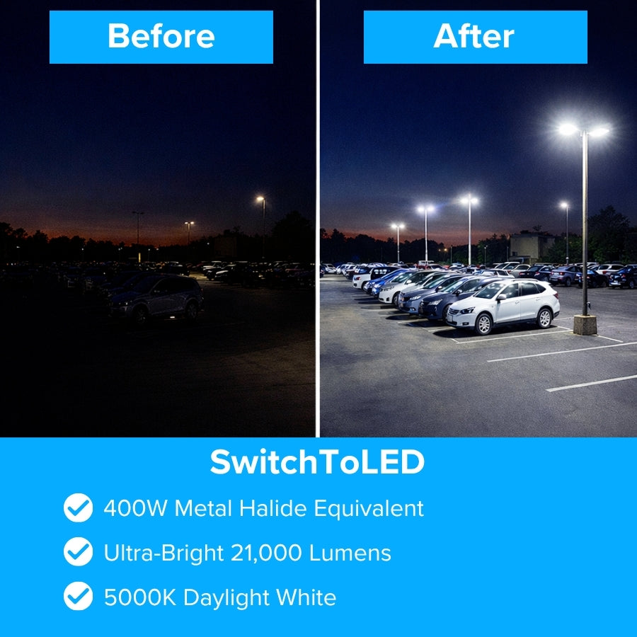 Before and after comparison of parking lot lighting upgraded to bright bronze LED fixtures.
