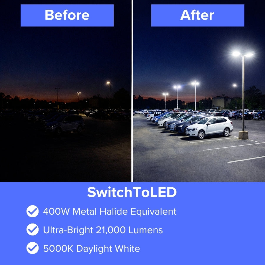 Before and after comparison of parking lot lighting upgraded to bright LED fixtures.