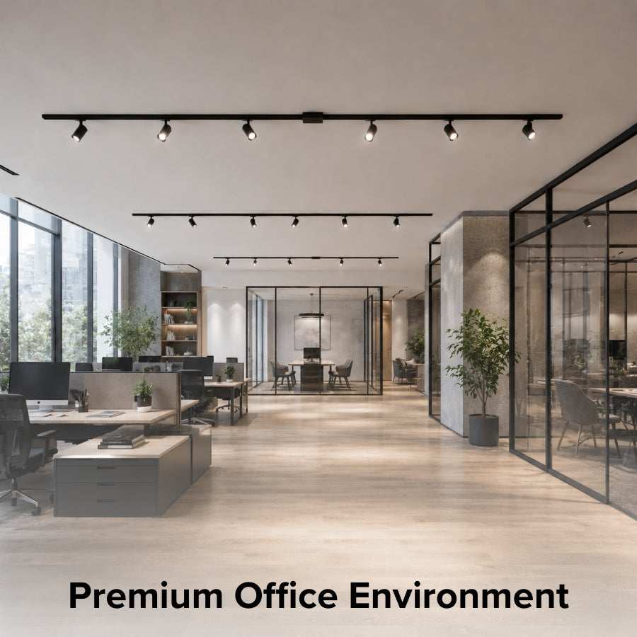 Contemporary office workspace equipped with black H-style track lighting and a floating canopy power feed, providing continuous overhead lighting for professional commercial environments.