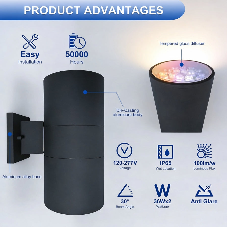 Wall-mounted outdoor light fixture with product advantages listed on a white background at switchtoled.