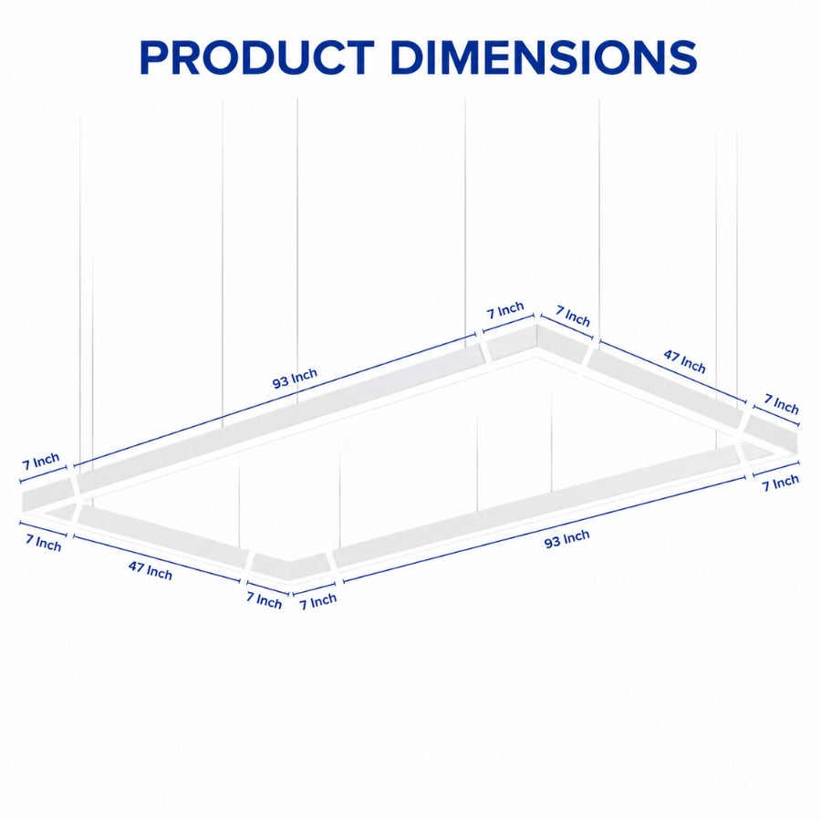 White LED linear light dimensions showing 93-inch and 47-inch frame sections.