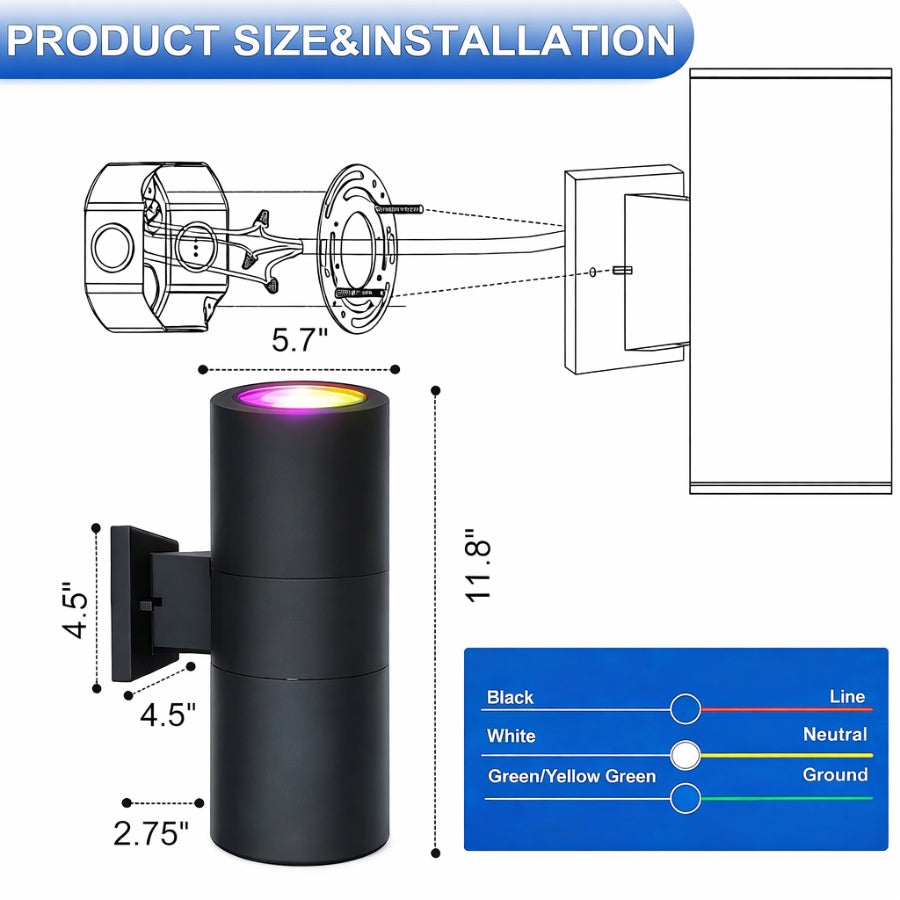 Wall-mounted light fixture with dimensions and wiring diagram on a white background at switchtoled.