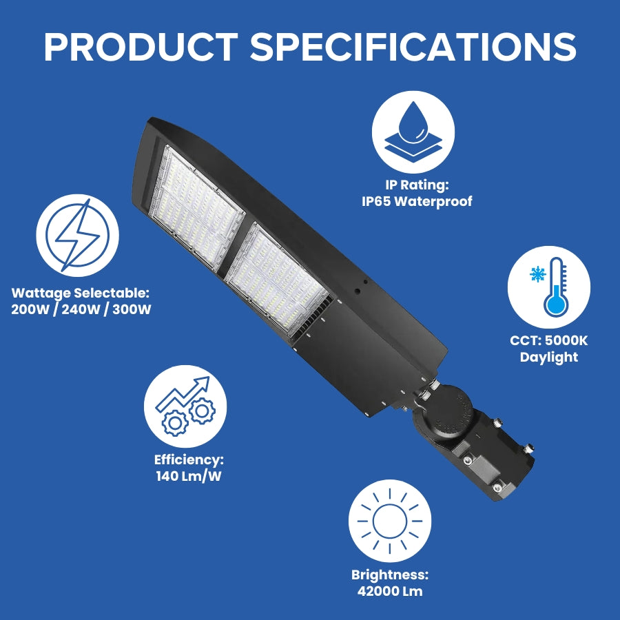 Product Specifications for 300W LED shoebox parking lot light fixture with adjustable slip fitter mount at switchtoled.com