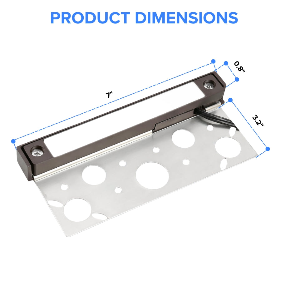 Product dimensions label with a metal bracket and white sheet showing measurement details.