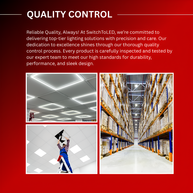 SwitchToLED quality control process with warehouse and ceiling light images on a red background.