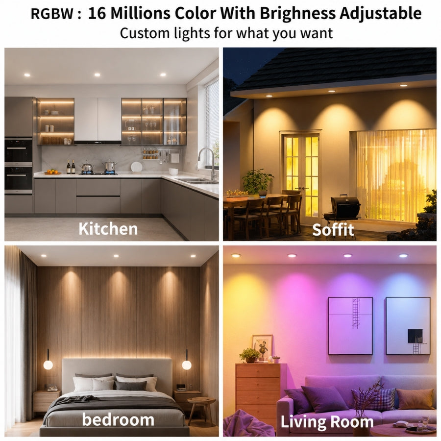 Smart RGBW recessed lighting with 16 million colors and tunable white light for kitchens, bedrooms, soffits, and living rooms.