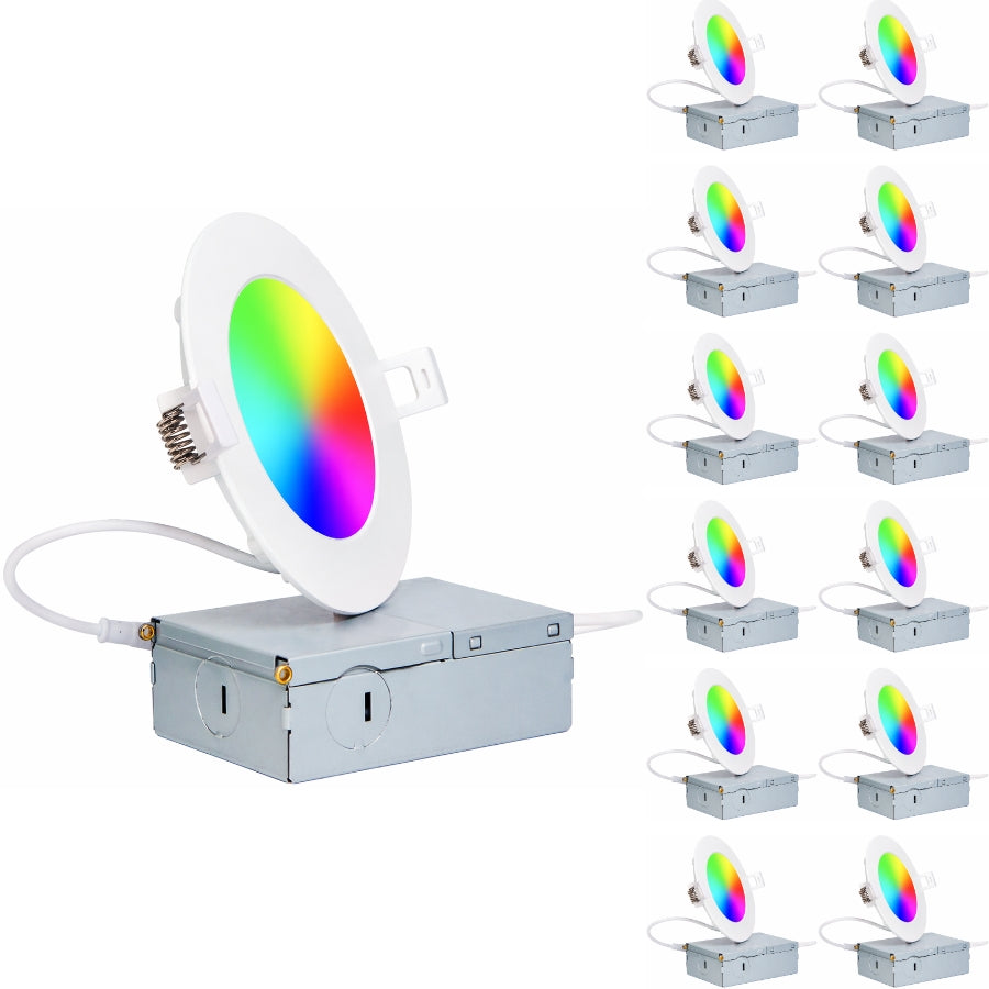 12 pack of 4-inch smart RGBW recessed LED downlights arranged in product display layout.