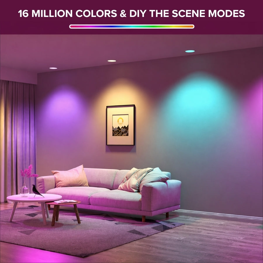 Living room illuminated with multiple RGB colors demonstrating 16 million color options and scene modes.