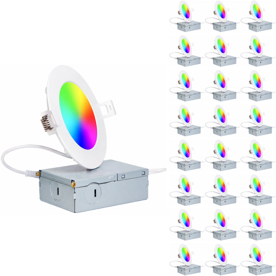 Bulk pack of 24 smart RGBW recessed LED downlights shown in grouped arrangement.