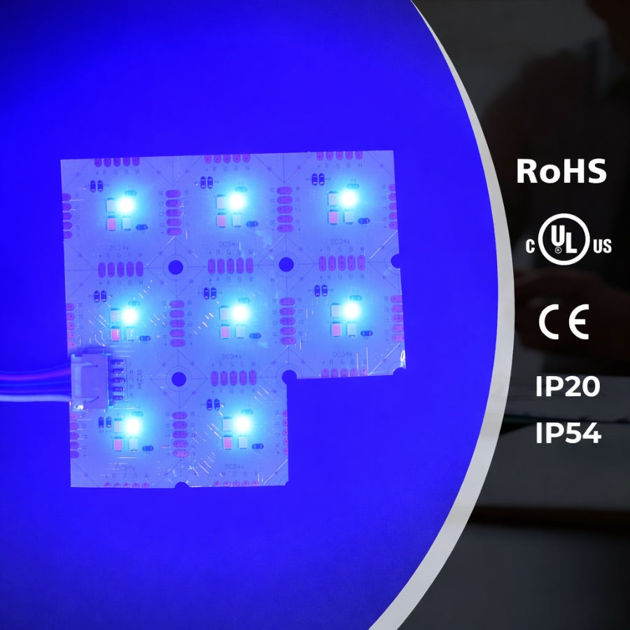 RGBW flexible LED backlight sheet showing blue color output with RoHS UL CE certification and IP20 IP54 rating for indoor decorative and backlighting applications by SwitchToLED