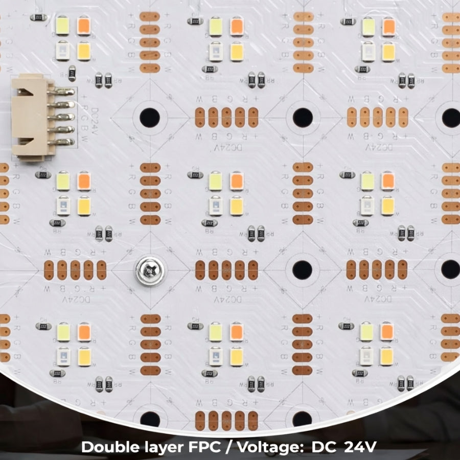 Close up of RGBW flexible LED backlight sheet showing double layer FPC design and DC 24V connection for high brightness under counter and translucent surface lighting by SwitchToLED