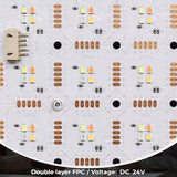 Close up of RGBW flexible LED backlight sheet showing double layer FPC design and DC 24V connection for high brightness under counter and translucent surface lighting by SwitchToLED