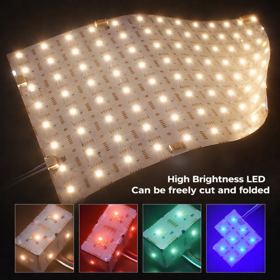 RGBW flexible LED backlight sheet showing high brightness output that can be freely cut and folded for custom under counter lightbox and translucent surface lighting by SwitchToLED