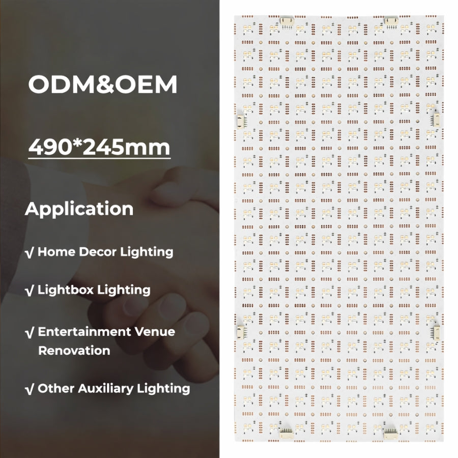 RGBW flexible LED backlight sheet showing ODM and OEM size 490 by 245 mm for home decor lightbox and auxiliary lighting applications by SwitchToLED