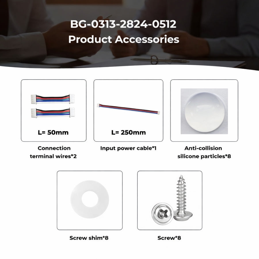 Product accessories kit for RGBW flexible LED backlight sheet including connection terminal wires input power cable anti collision silicone pads screw shims and mounting screws by SwitchToLED