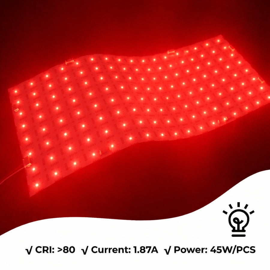 RGBW flexible LED backlight sheet showing red color output with CRI above 80 45 watt power and 24V operation for decorative and translucent surface lighting by SwitchToLED