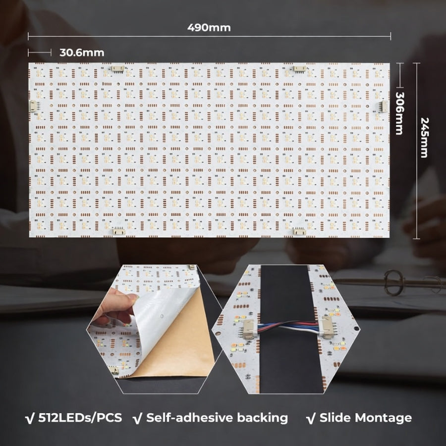 RGBW flexible LED backlight sheet showing 490 by 245 mm size 512 LEDs per panel self adhesive backing and slide mounting for under counter and lightbox lighting by SwitchToLED