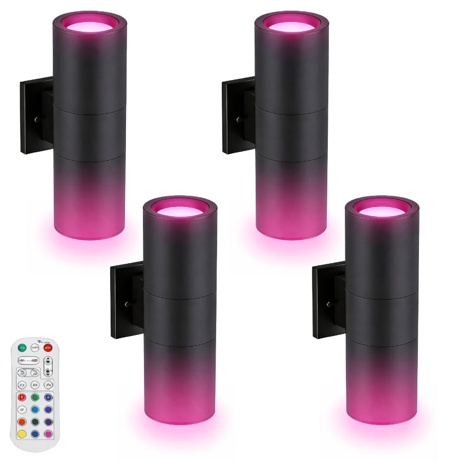 Four 72W RGBW up-down LED outdoor wall lights with remote, tunable 2700K–6500K, IP65 waterproof die-cast aluminum at switchtoled.com