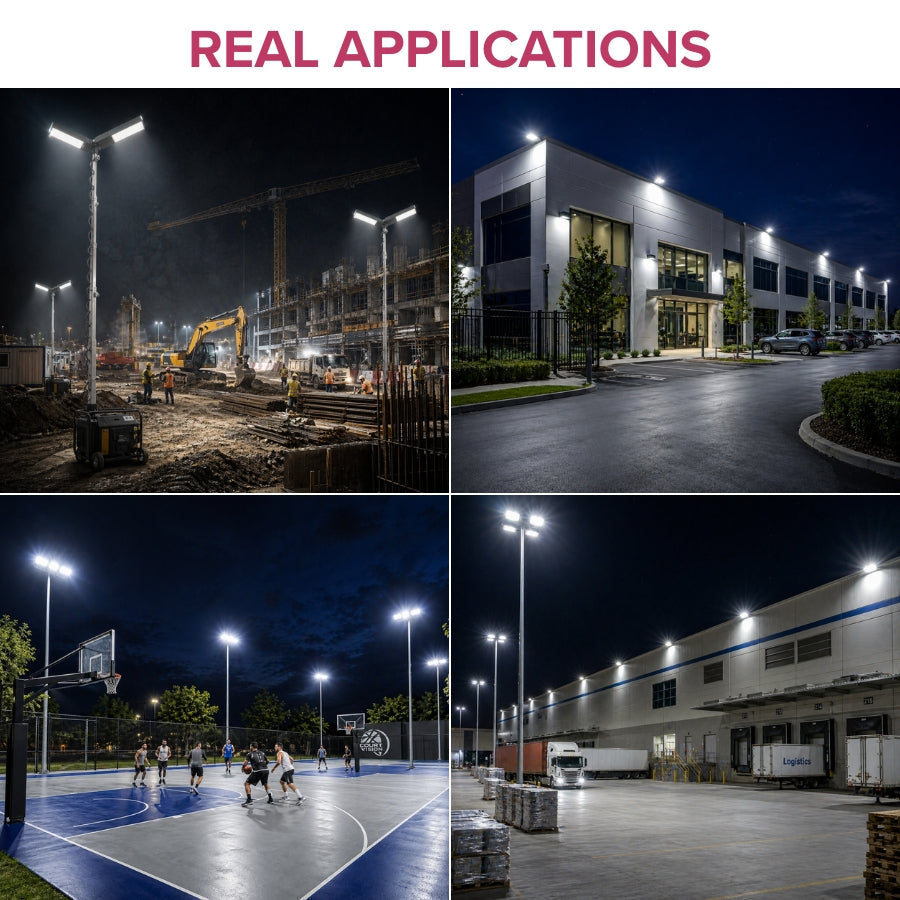 Versatile lighting solution ideal for construction sites, parking lots, sports courts, warehouses, and large commercial outdoor spaces.