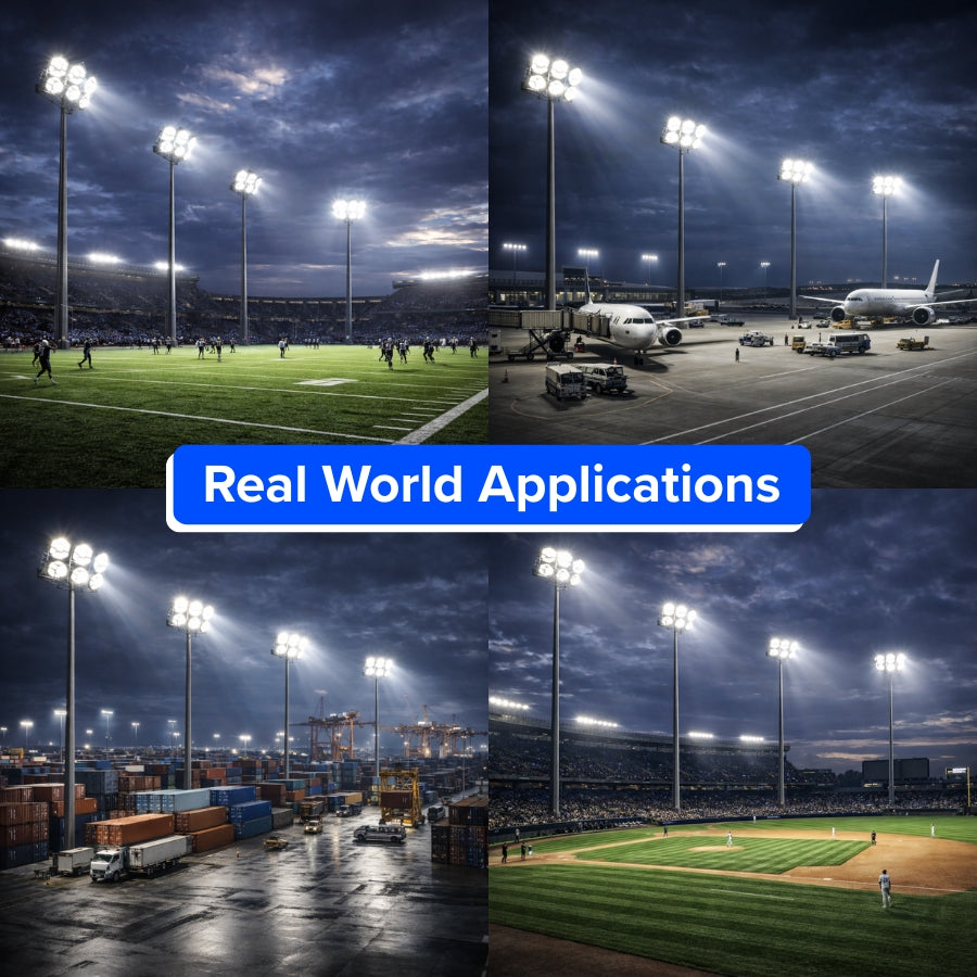Collage of sports fields, airport tarmac, and shipping yard with 'Real World Applications' text overlay.