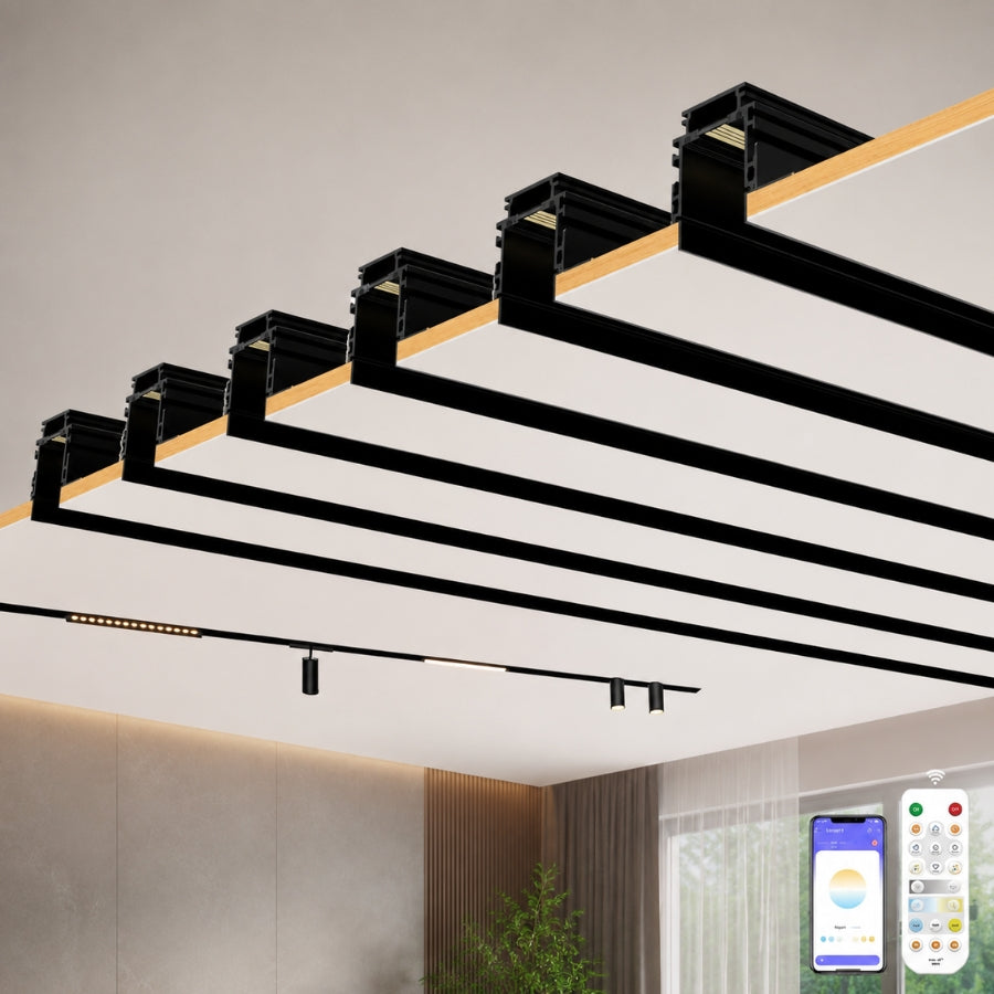 Multiple 4-wire recessed magnetic track lighting rails installed in a modern ceiling, creating a customizable smart magnetic track lighting system for residential and commercial spaces.