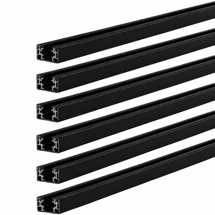 Six black aluminum 4-wire recessed magnetic track lighting rails for modular smart magnetic LED lighting installations in residential and commercial applications.