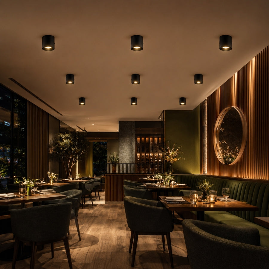 Modern restaurant dining area illuminated with black LED surface mount ceiling lights creating warm and inviting ambient lighting.