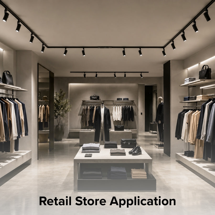Modern retail clothing store illuminated with a black single circuit track lighting system using an inline center power feed connector for seamless lighting distribution and professional product displays.