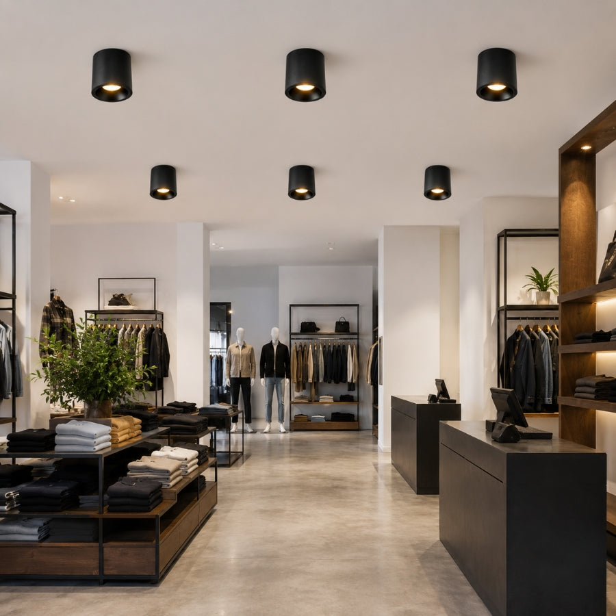 Black commercial LED cylinder ceiling lights providing bright and uniform illumination in a modern retail clothing store environment.