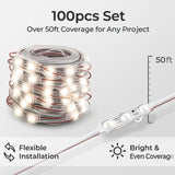 Roll of led module lights with packaging and measurement details on a light gray background