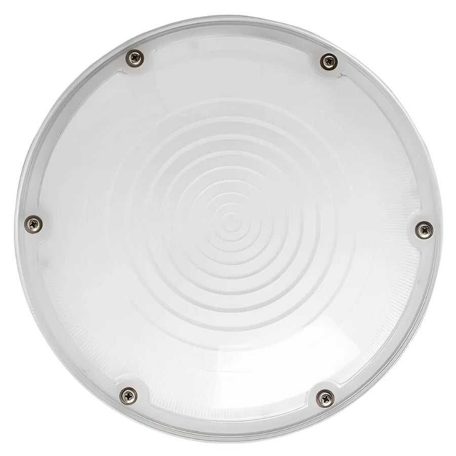 Round white light canopy fixture with metallic edges on a white background