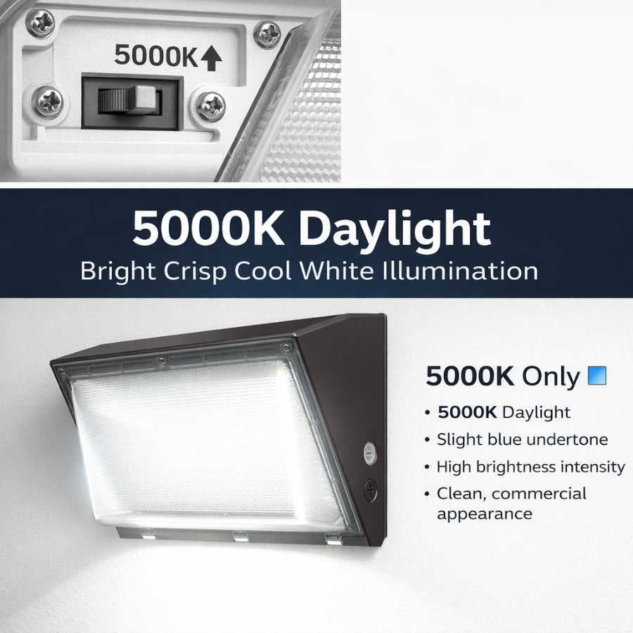 Semi-Cutoff LED Wall Pack Light Showing 5000K Daylight Setting with 120W/100W/80W Selectable Power, Radar Photocell Sensor, IP65 Wet Rated Commercial Outdoor Fixture (Up to 18,000LM)